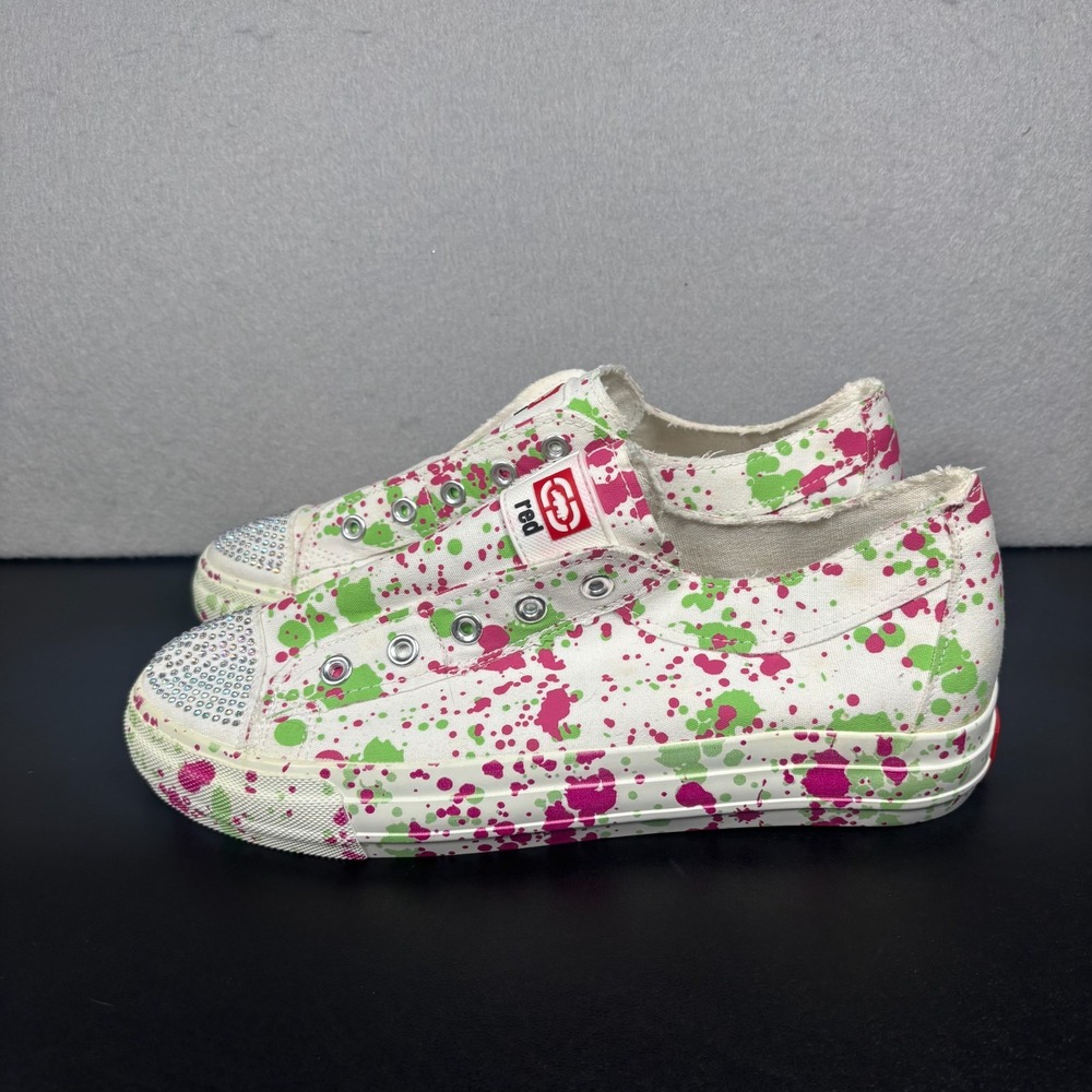 Ecko Unltd. Pink Green Paint Splatter Sneakers Rhinestone Toe Slip On Womens 9